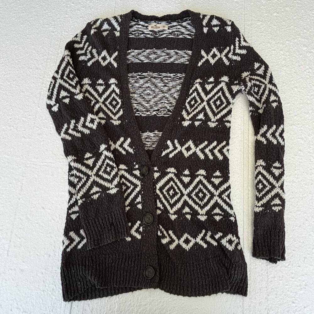 Woman's Black and White Hollister Y2K Tribal Aztec Print Long Cardigan Size XS